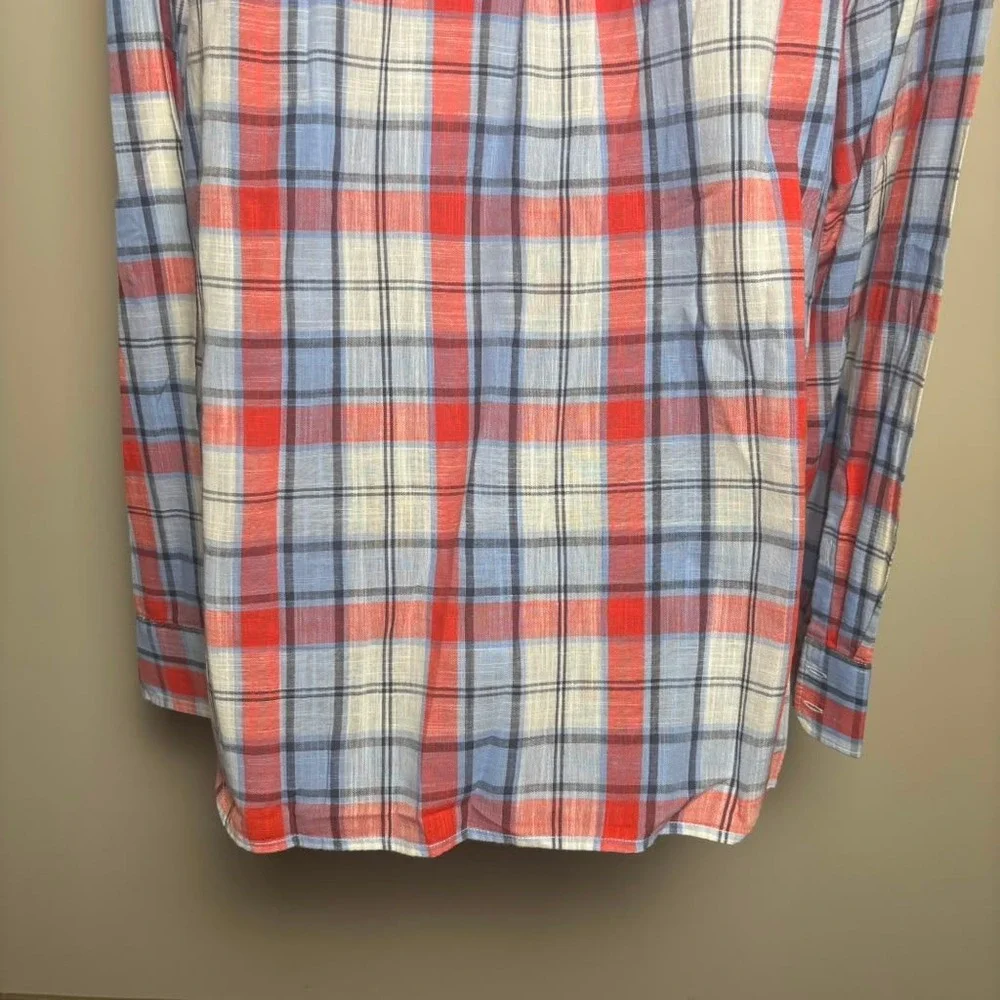 JCrew Blue Red Plaid Gauze Popover Long Sleeve Half Button Shirt Blouse Women XL